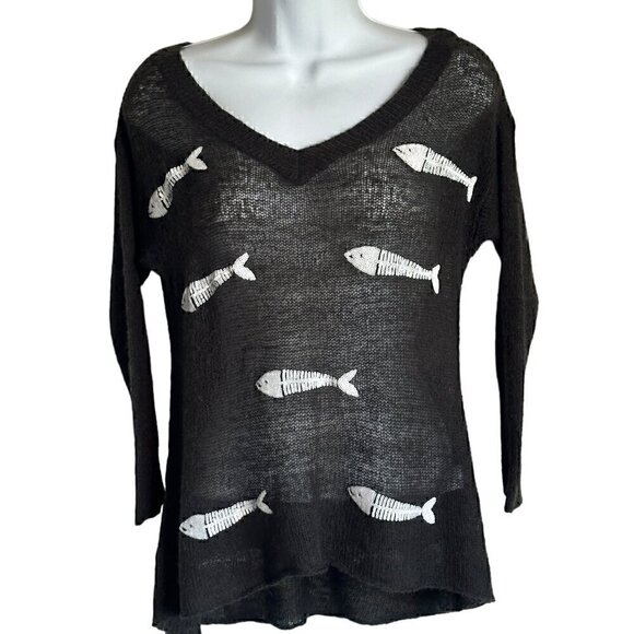 EUC - Wildfox Dinner V-Neck Sweater Sequin Fish in Gray - Size XS - Picture 2 of 9